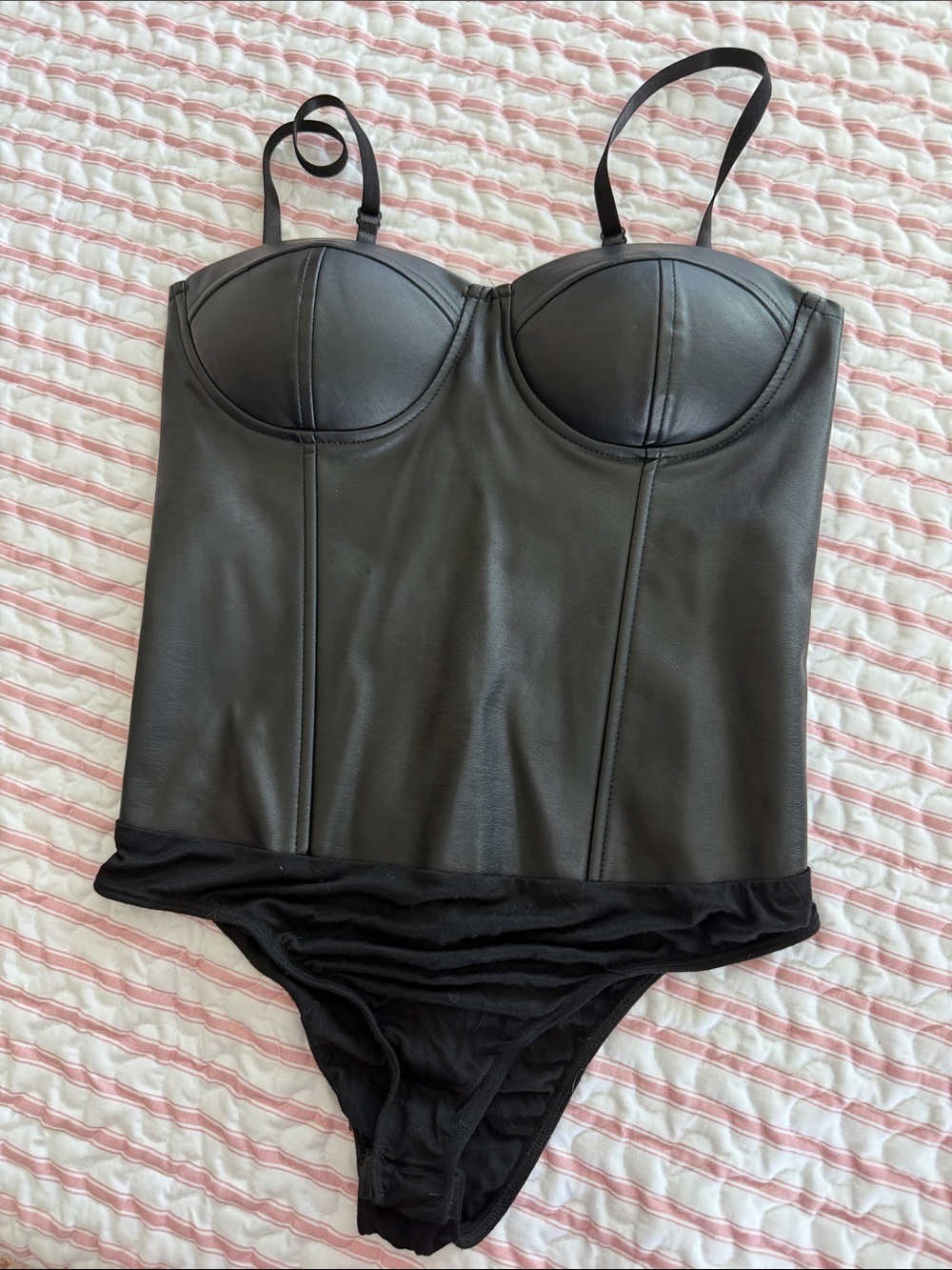 Say What? Black Faux Leather Bodysuit with Built-In Cups